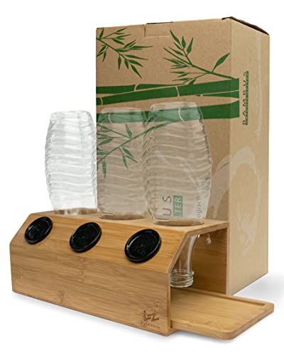 Lyfezero SodaStream Flaschenhalter 3er aus Bambus - Abtropfhalter für Soda Stream - Flaschenständer mit Abtropfwanne - Pflegeleichtes Abtropfgestell - Flaschentrockner für Glas und Plastik Flaschen