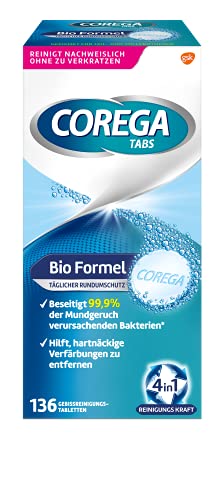 Corega Reinigungs-TABS Bio Formel für herausnehmbaren Zahnersatz/dritte Zähne, Gebissreinigungstabletten, White, 136 Stück (1er Pack)