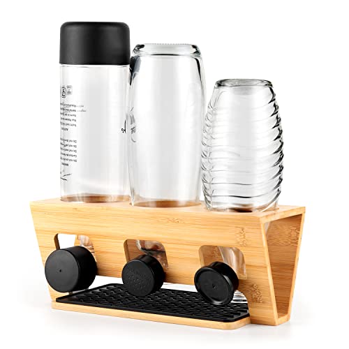 Rainsworth Flaschenhalter kompatibel mit SodaStream Duo und gängige Wasserflaschen, 3er Bambus Abtropfhalter, Abtropfständer Abtropfgestell inkl, Abtropfmatte und Deckelhalter*