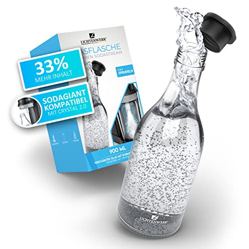 LICHTENWERK® Premium Glasflasche kompatibel mit Sodastream Crystal 2.0 [33% MEHR SPRUDEL] - Edle Glaskaraffe mit mehr Volumen - Trinkflasche zum Sprudeln - Kohlensäure geeignet - Spülmaschinenfest