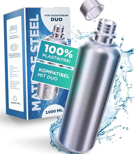 MATE OF STEEL® 100% Plastikfreie 1000ml Edelstahl Flasche Kompatibel mit Sodastream Easy & DUO - Spülmaschinenfest 1 Liter Trinkflasche aus Metall Soda Flaschen Ersatzflaschen*