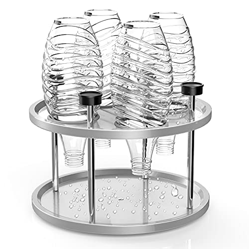 Edelstahl Abtropfhalter Flaschenhalter für SodaStream, Abnehmbarer Abtropfgestell mit Deckelhalter und Tropfschale und um 360 Grad drehbarer runder Basis, für Glas Flaschen 4er Flaschenhalter
