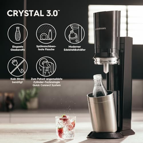 SodaStream Crystal 3.0 Wassersprudler mit 1x Quick-Connect CO2-Zylinder und 2X Glaskaraffen, Silber, Schwarz, Titan, 45 cm